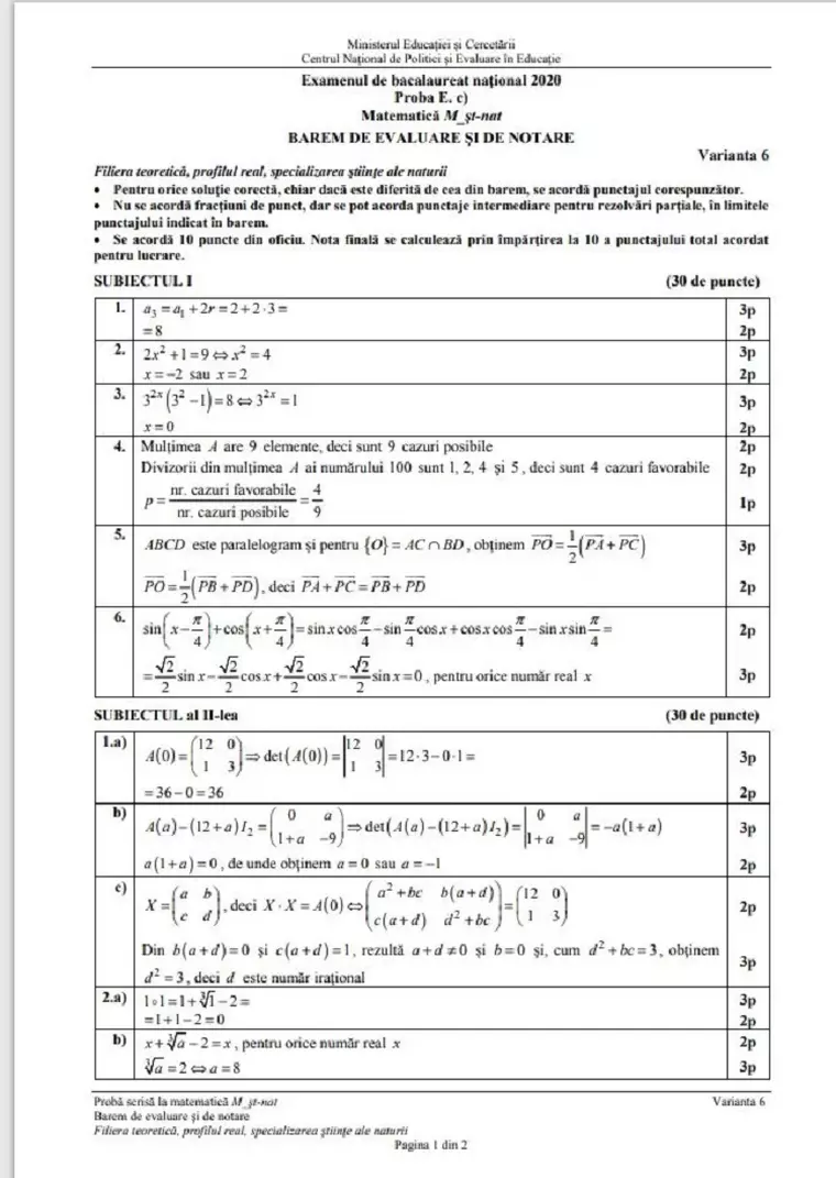 BAC 2020. Subiecte, barem de corectare, informații utile