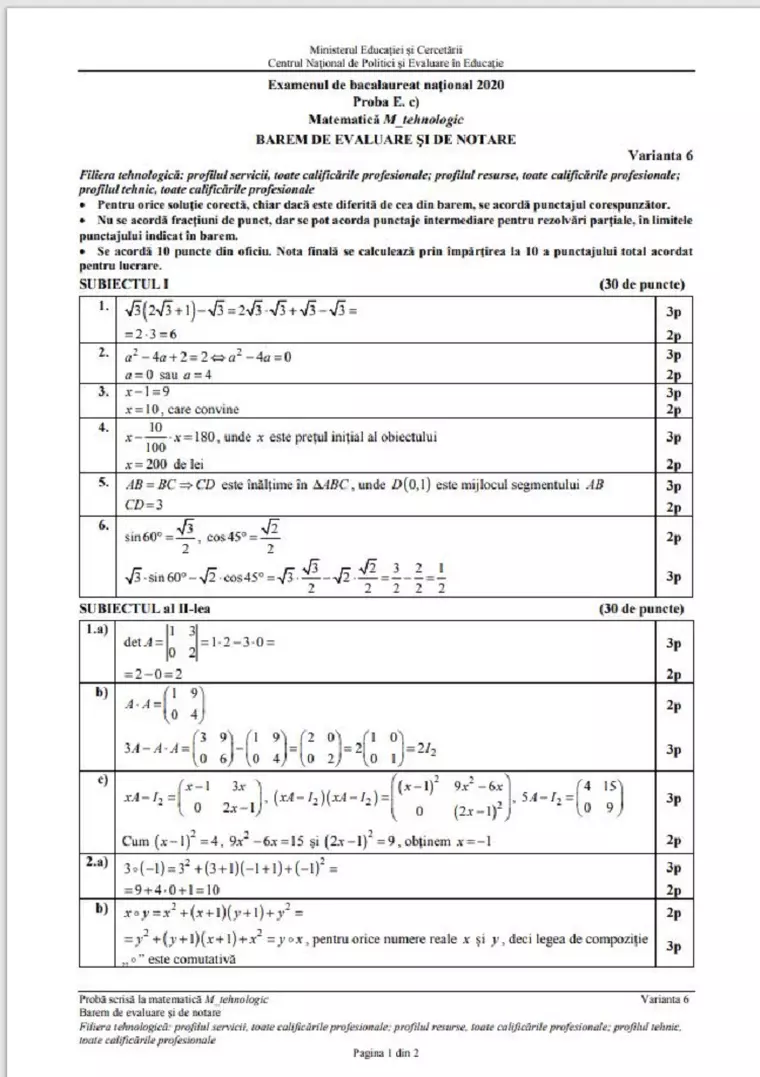BAC 2020. Subiecte, barem de corectare, informații utile