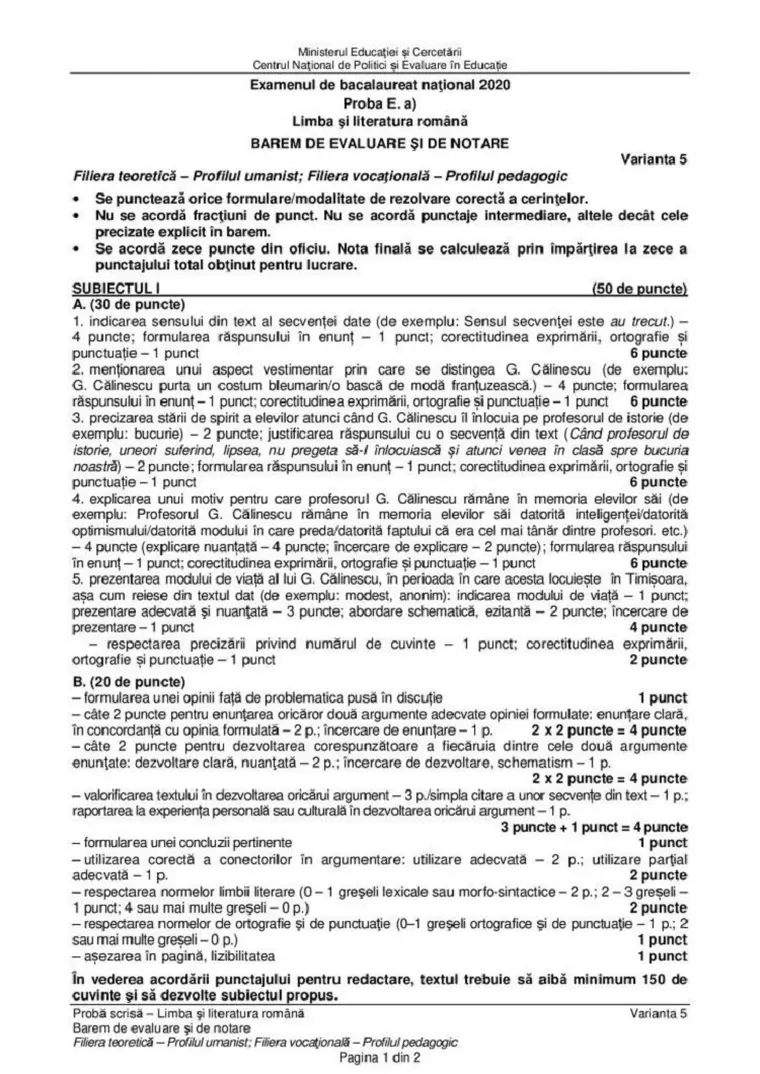 BAC 2020. Subiecte, barem de corectare, informații utile