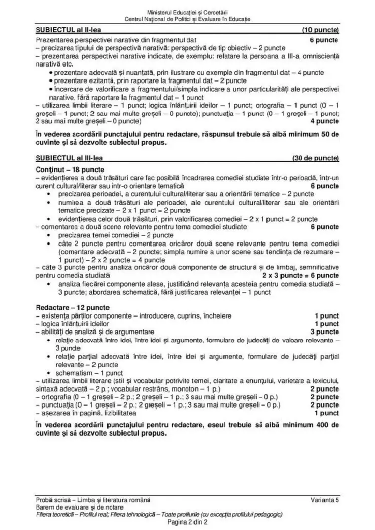 BAC 2020. Subiecte, barem de corectare, informații utile