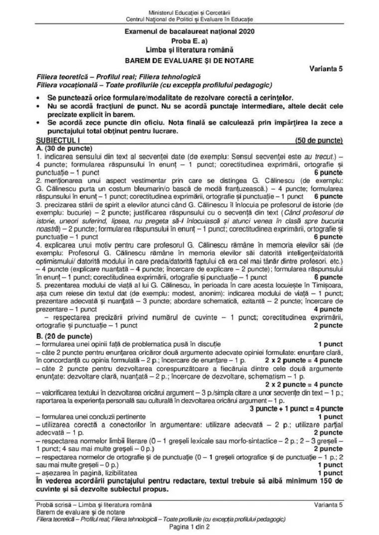 BAC 2020. Subiecte, barem de corectare, informații utile
