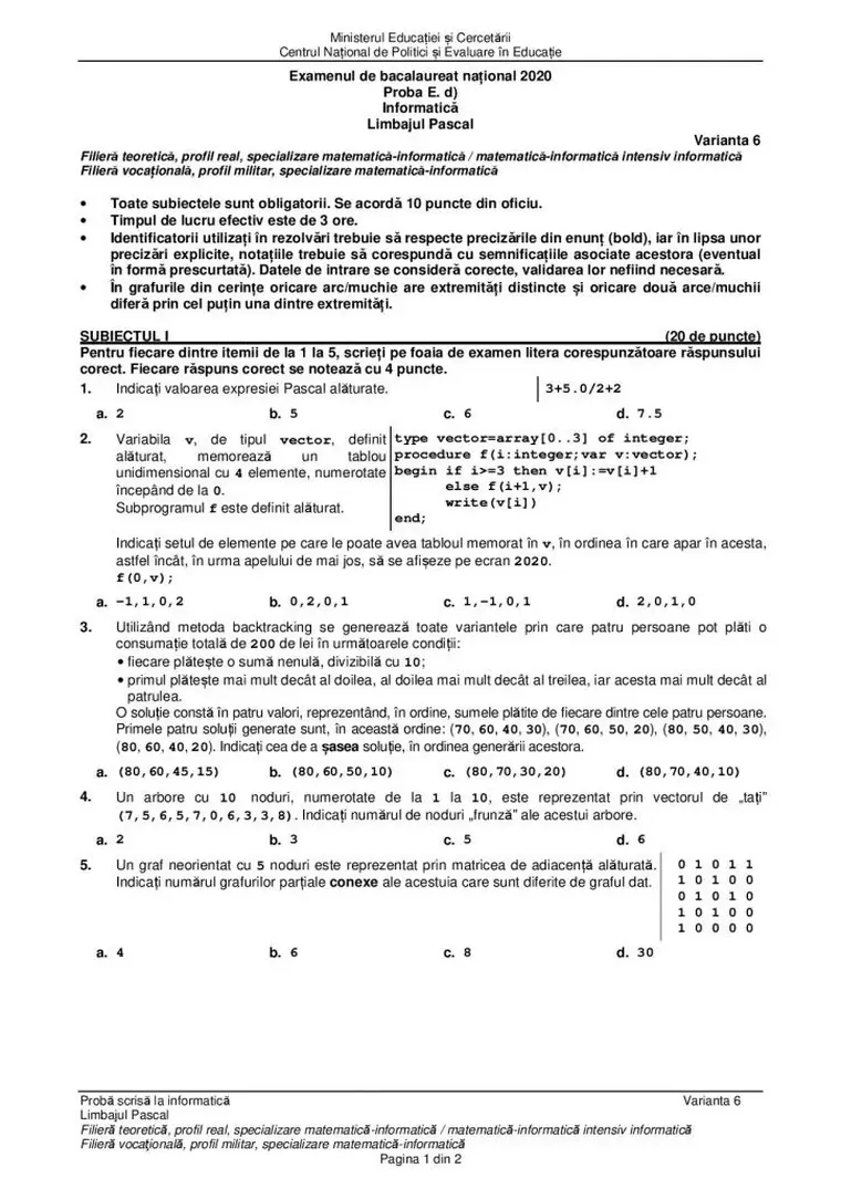 BAC 2020. Subiecte, barem de corectare, informații utile