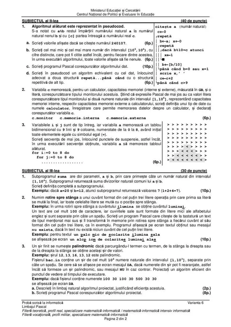 BAC 2020. Subiecte, barem de corectare, informații utile
