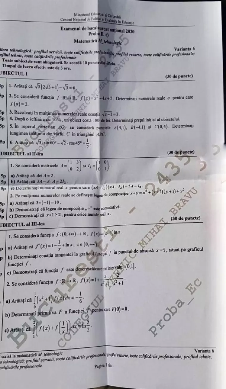 BAC 2020. Subiecte, barem de corectare, informații utile