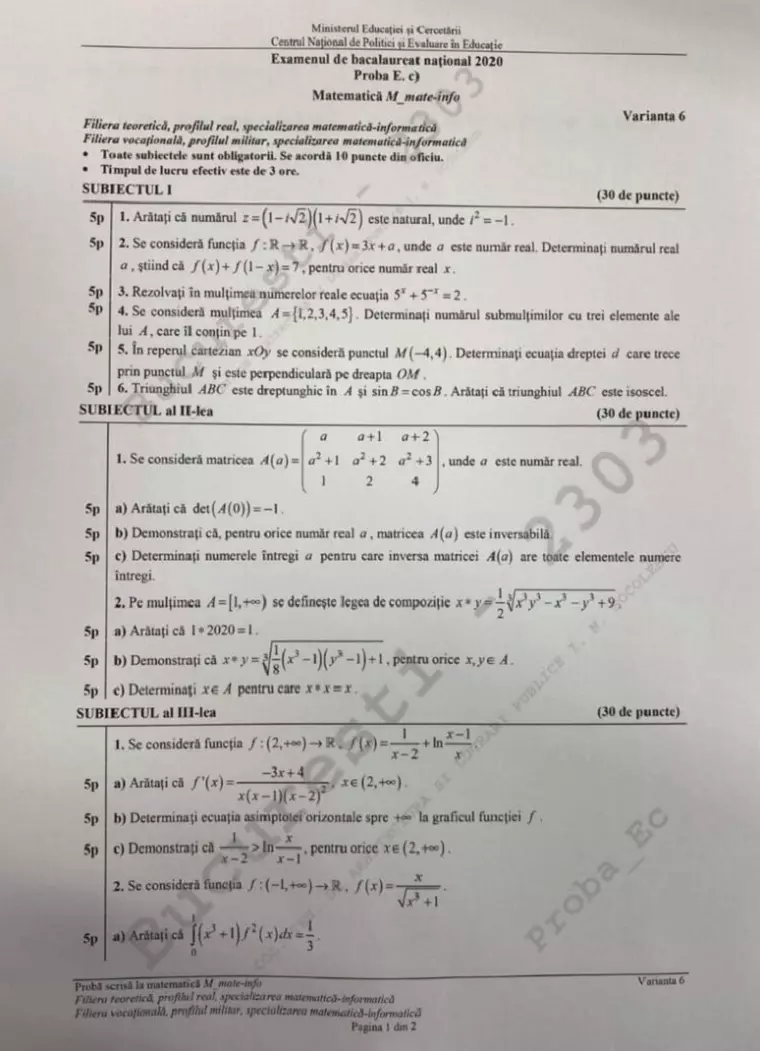 BAC 2020. Subiecte, barem de corectare, informații utile