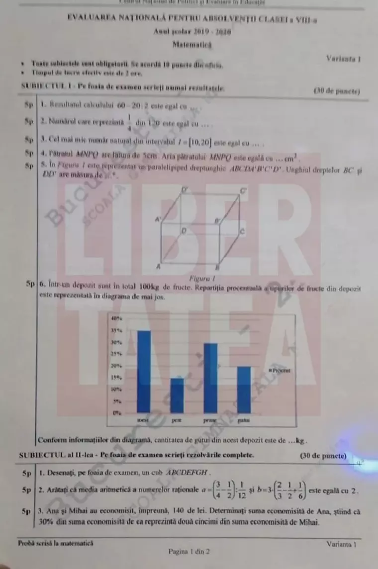 Evaluare Națională 2020. Probe, subiecte, barem de corectare