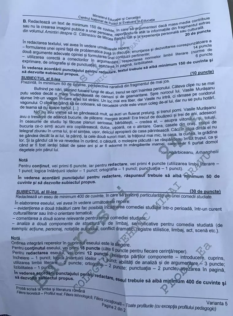 BAC 2020. Subiecte, barem de corectare, informații utile