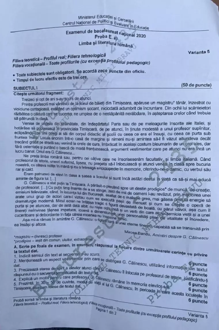 BAC 2020. Subiecte, barem de corectare, informații utile