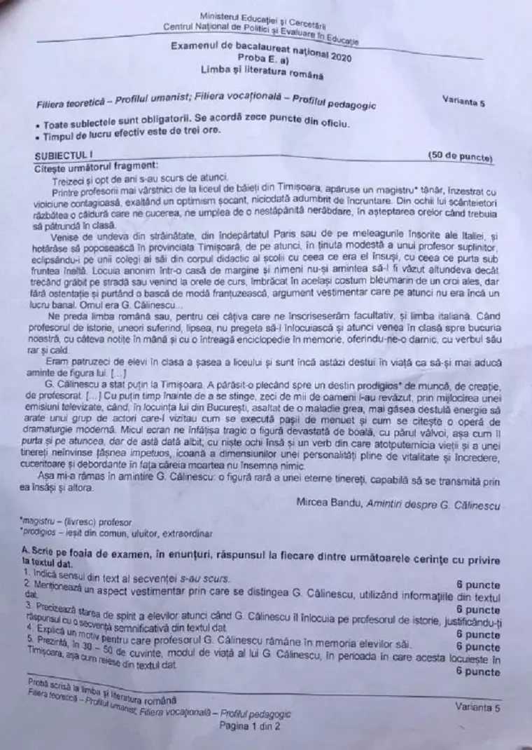 BAC 2020. Subiecte, barem de corectare, informații utile