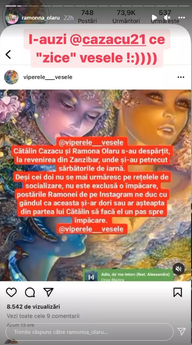 Reacția Ramonei Olaru, după zvonurile despărțirii de Cătălin Cazacu. Ce a postat în mediul online