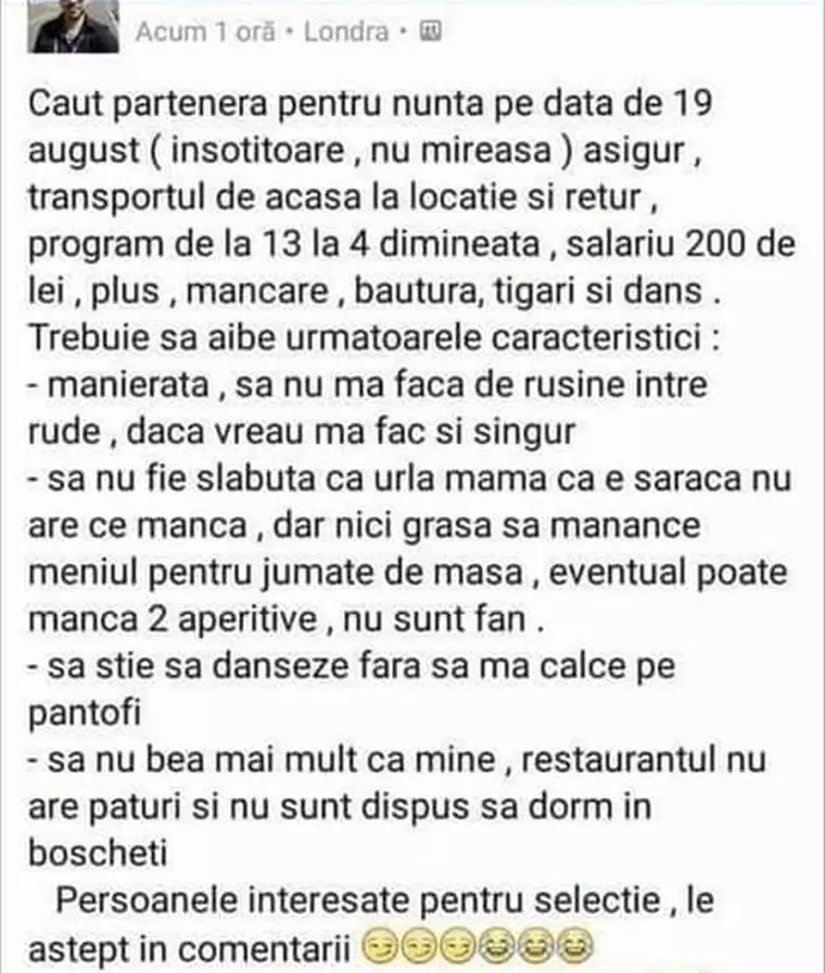 Postarea unui tânăr din Brăila, virală pe Facebook. „Caut parteneră pentru nuntă”