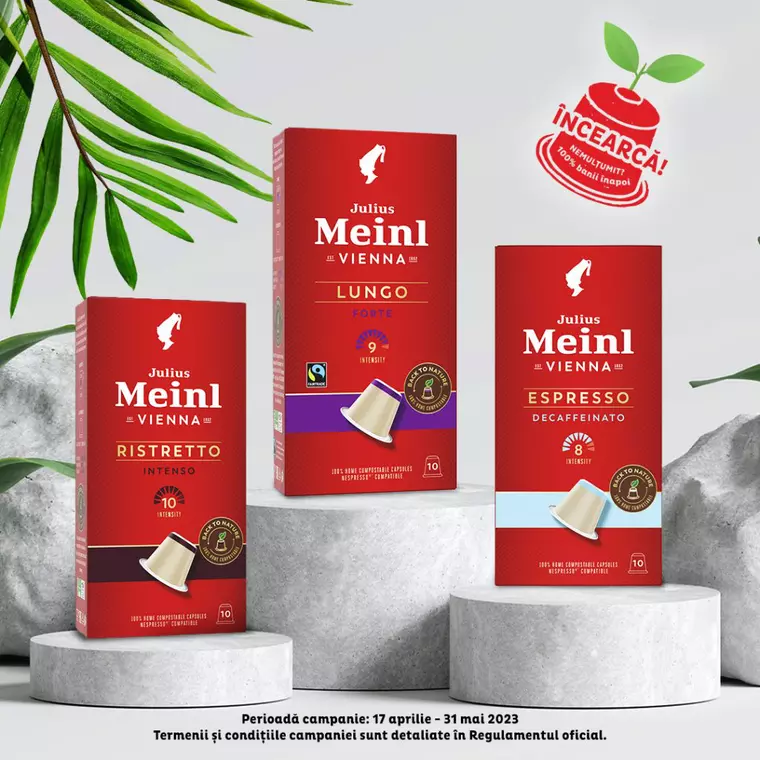 Alege cafeaua care iubește natura, în capsule Julius Meinl 100% biodegradabile. Dacă nu ești mulțumit, primești banii înapoi!