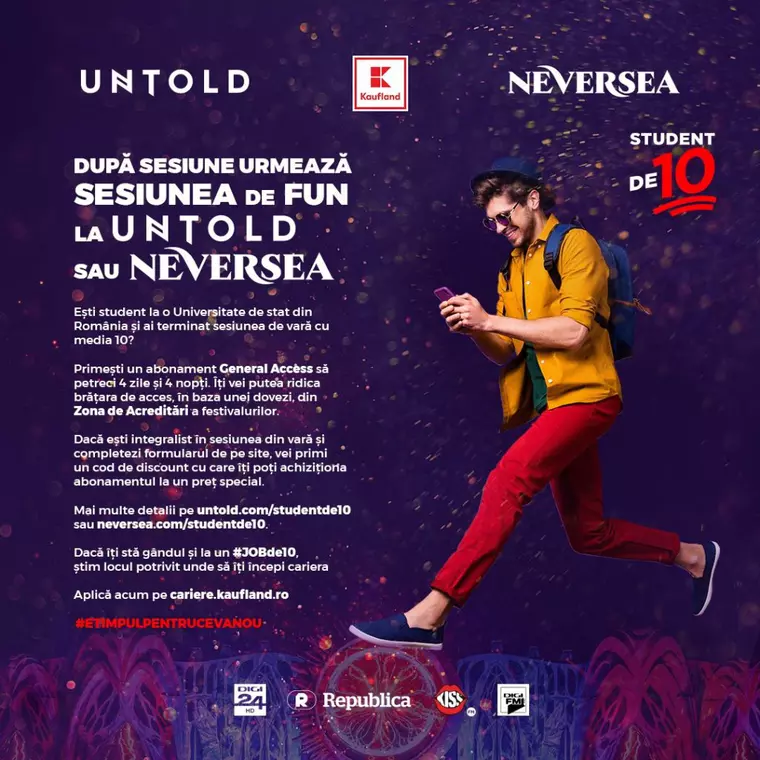 CAMPANIA “STUDENT DE 10” RECOMPENSEAZĂ STUDENȚII CU REZULTATE EXCEPTIONALE CU ABONAMENTE LA CELE MAI TARI FESTIVALURI DIN LUME, UNTOLD SI NEVERSEA 2023
