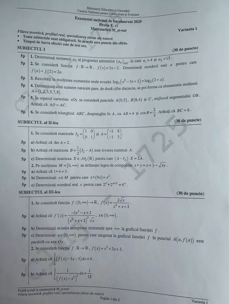 Subiecte BAC Matematică 2025. Ce le-a picat elevilor la proba obligatorie a profilului