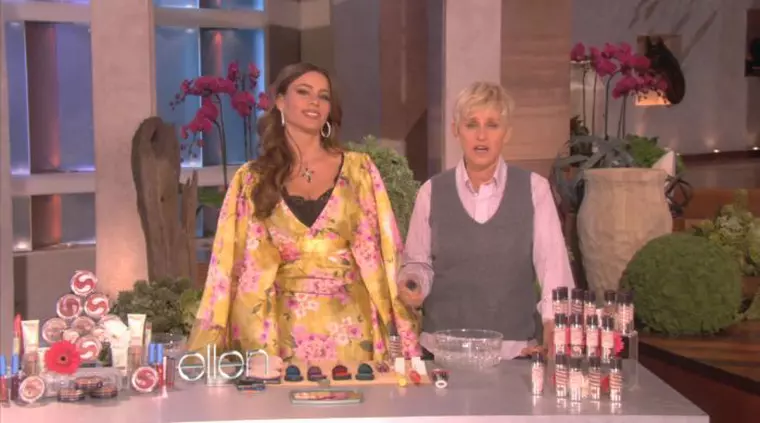 Ferrari Press Agency Ref 4342 17/01/2012 Ellen   1 See Ferrari text Stunning model and actress Sofia Vergara poked fun and her usually perfect look when she let chat show host Ellen DeGeneres use her as a comedy prop for a sketch. The pair, who star in ads for cosmetics firm CoverGirls joined forces for the skit that also promoted the brand and its new product, for which they star together in the commercial. Ellen, 53, stood behind Colombian-born Sofia, 39, who was wearing a wide-sleeved yellow and pink kimono with her hands behind her back. The host then replaced Sofia's arms with her own and applied an enormous amount make-up to Sofia's face while the actress read from Ellen's script. OPS: Ellen ready for the sketch with Sofia