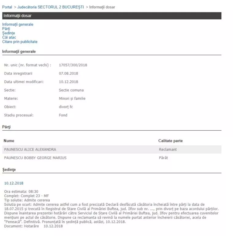 Bobby Păunescu și Alice Peneacă au divorțat