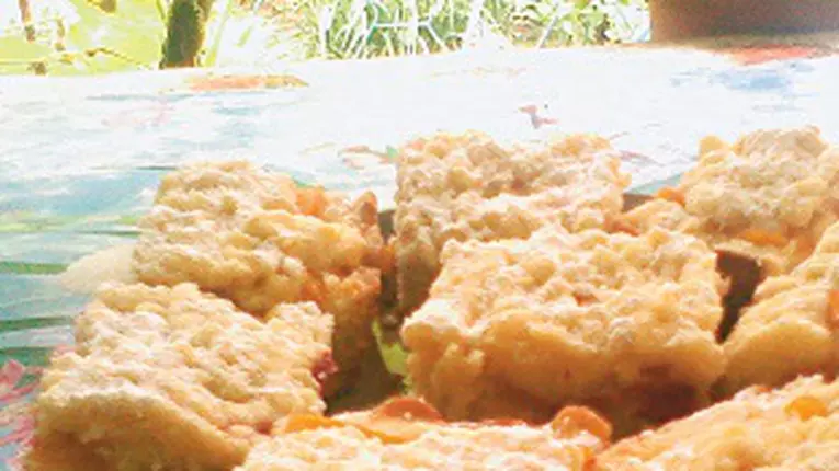 Prăjitură cu aluat fin, vișine și piersici