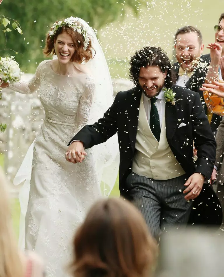Kit Harington and Rose Leslie seen leaving Rayne Church after getting married.