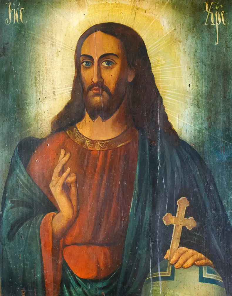 Russian icon of Jesus Christ with Christian cross in His Hand