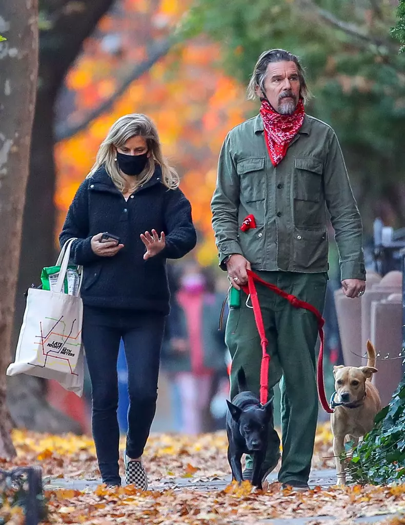 EXCLUSIVE: Ethan Hawke And Wife Ryan Walk Their Dog