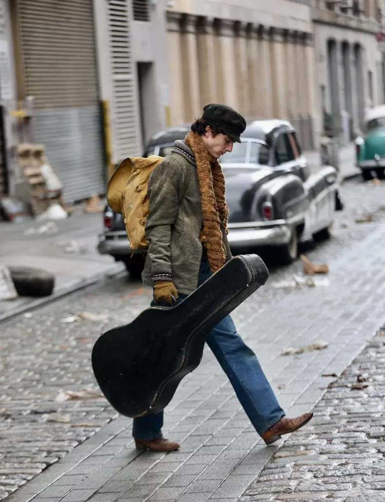 Timothee Chalamet as Bob Dylan filming James Mangold's "A Complete Unknown"