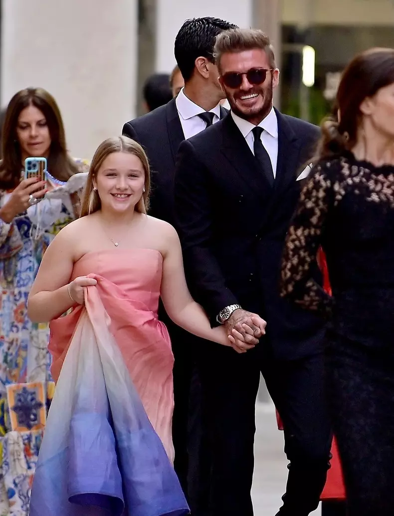 *PREMIUM-EXCLUSIVE* *MUST CALL FOR PRICING* Former England footballer David Beckham looks dapper while pictured with his daughter Harper Seven together with Domenico Dolce going to the Riva event at the Fenice theatre in Venice.