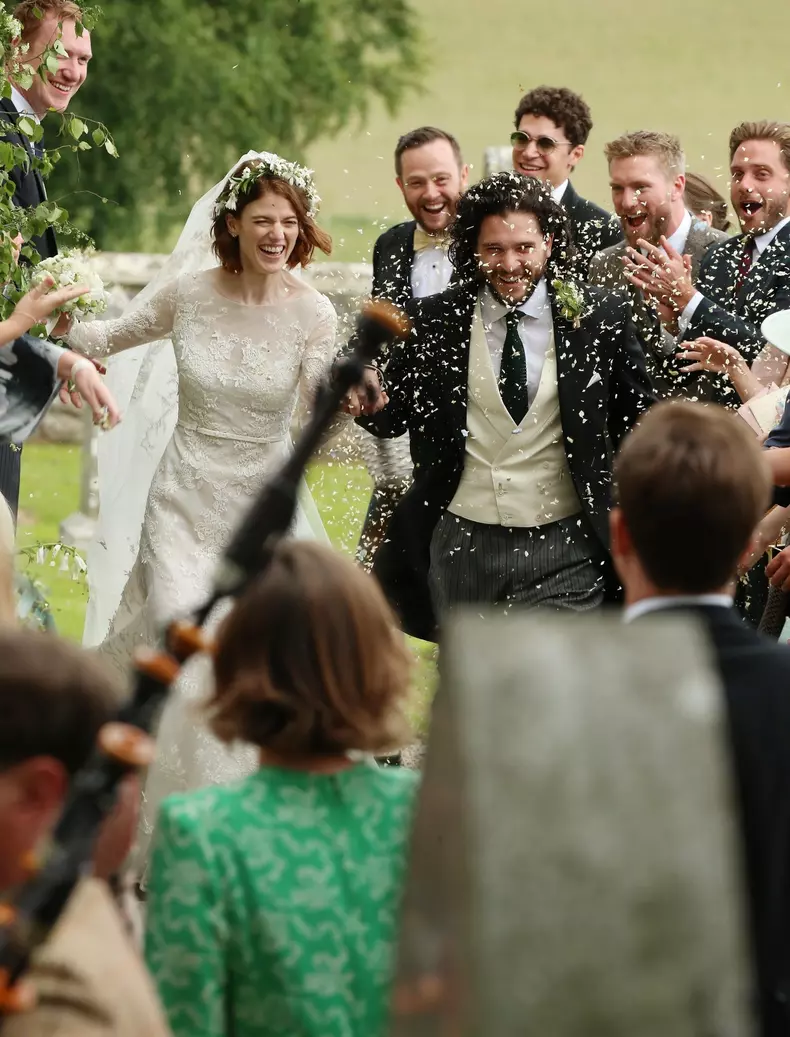 Kit Harington and Rose Leslie seen leaving Rayne Church after getting married.