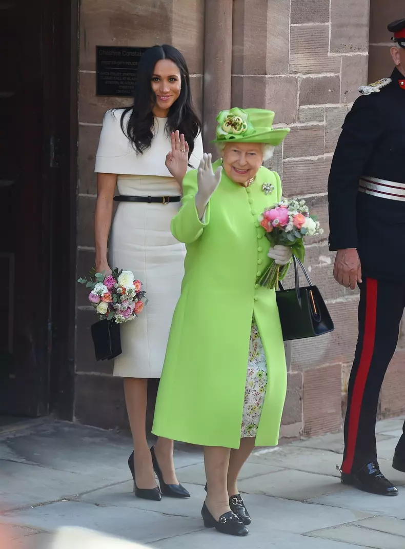 Meghan, Duchess of Sussex and Queen Elizabeth seen leaving Chester City Council in Chester, England