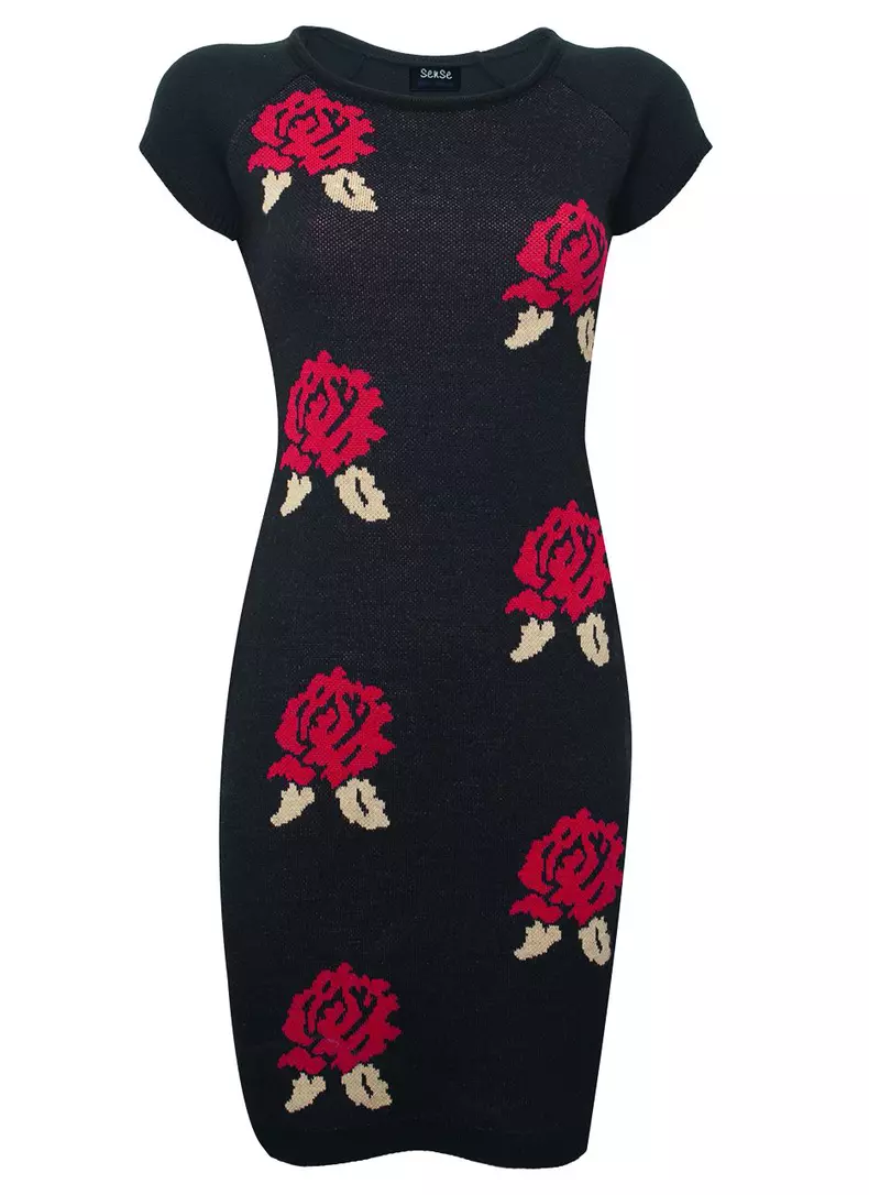 Rochie din tricot motive florale www.fashionsense.ro, 129,99 lei;
