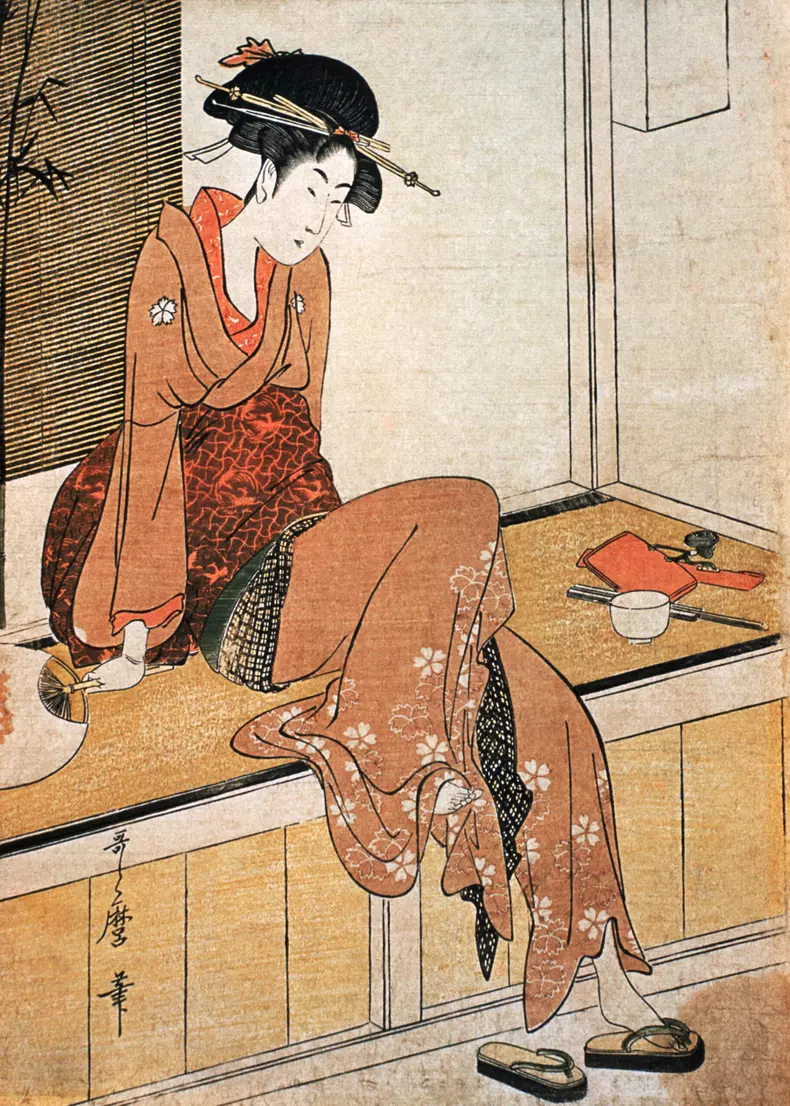 Femeie șezând pe marginea unei verande, Kitagawa Utamaro, 1798