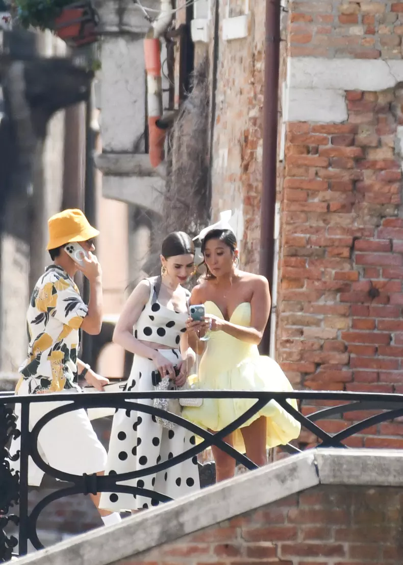 Lily Collins and Ashley Park on Emily in Paris Set - Venice