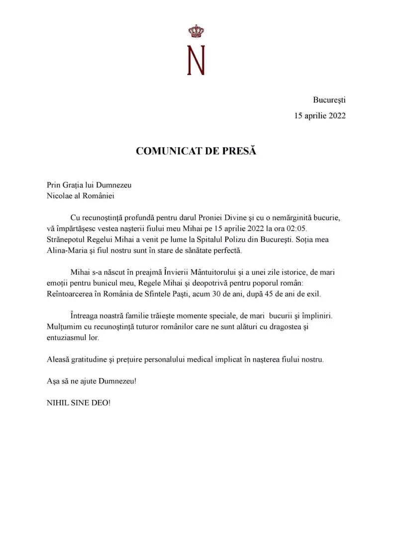 Nicolae al Romaniei comunicat de presa