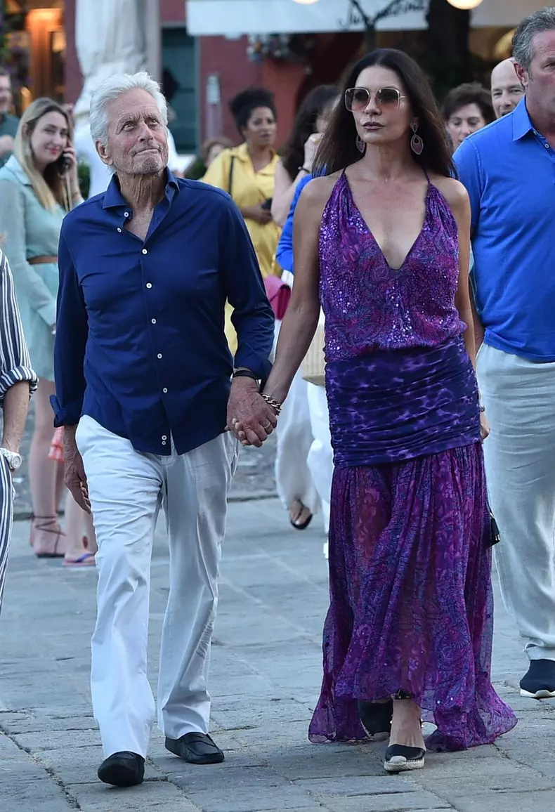 Catherine Zeta-Jones with her husband Michael Douglas and friends at the "Taverna del Marinaio" in Portofino