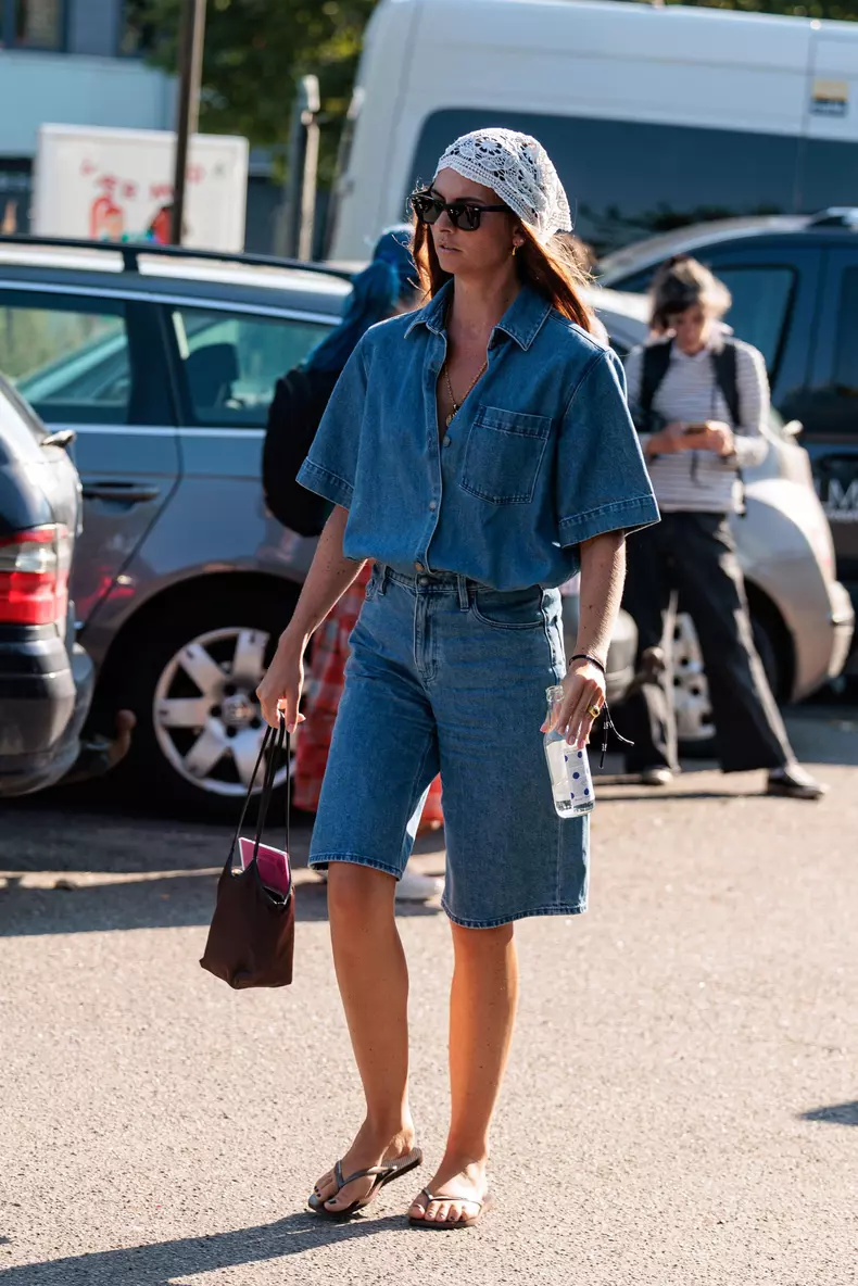 Copenhagen, Denmark. 4th August 2026. A guest wearing a double denim set outside of the Gestuz Womenswear Spring/Summer 2027 show as part of Copenhagen Fashion Week on August 4, 2026 in Copenhagen, Denmark. Credit: Jordan Chapman for Jordan Taylor C Photo