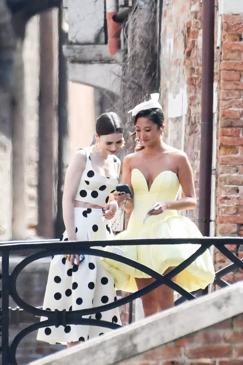 Lily Collins and Ashley Park on Emily in Paris Set - Venice
