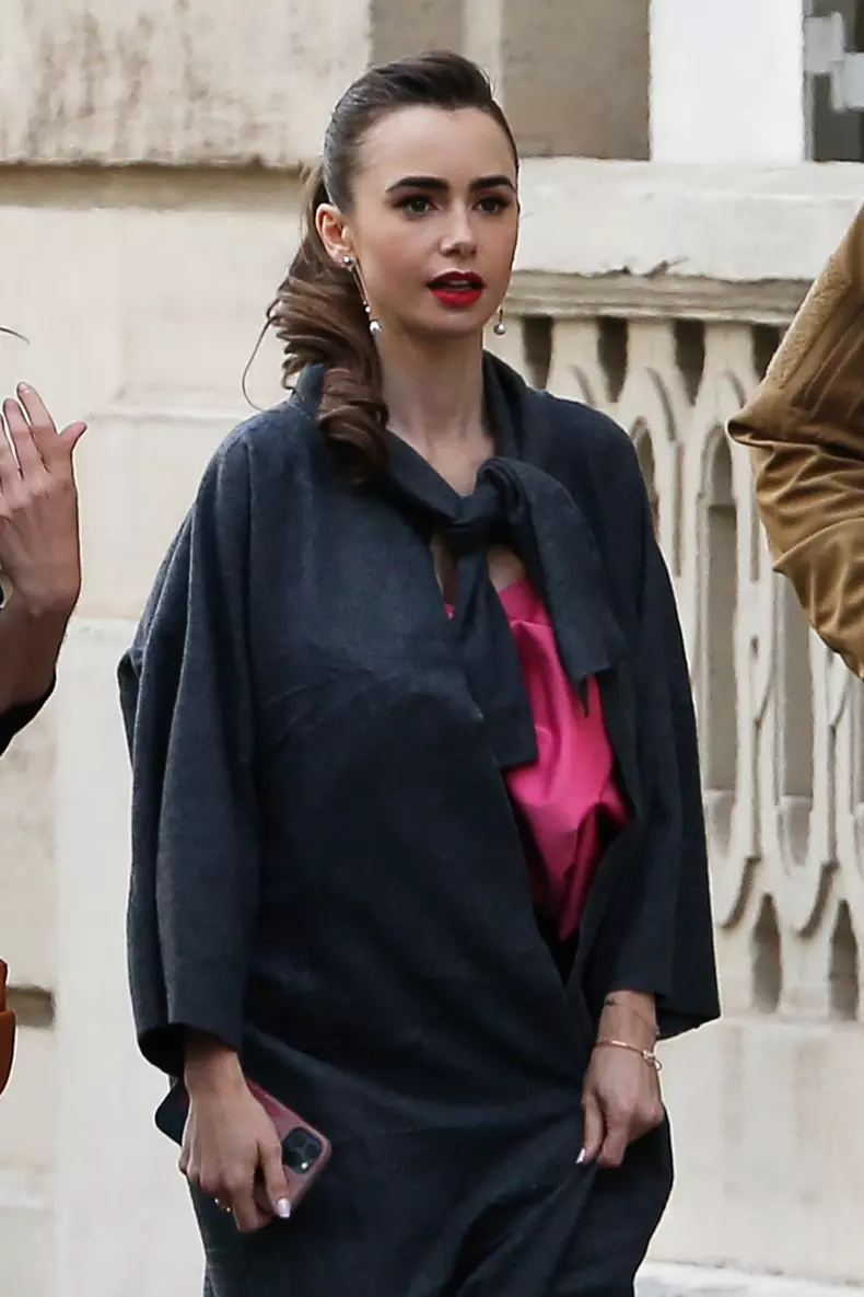 Lily Collins arriving at the set of Emily in Paris in Paris