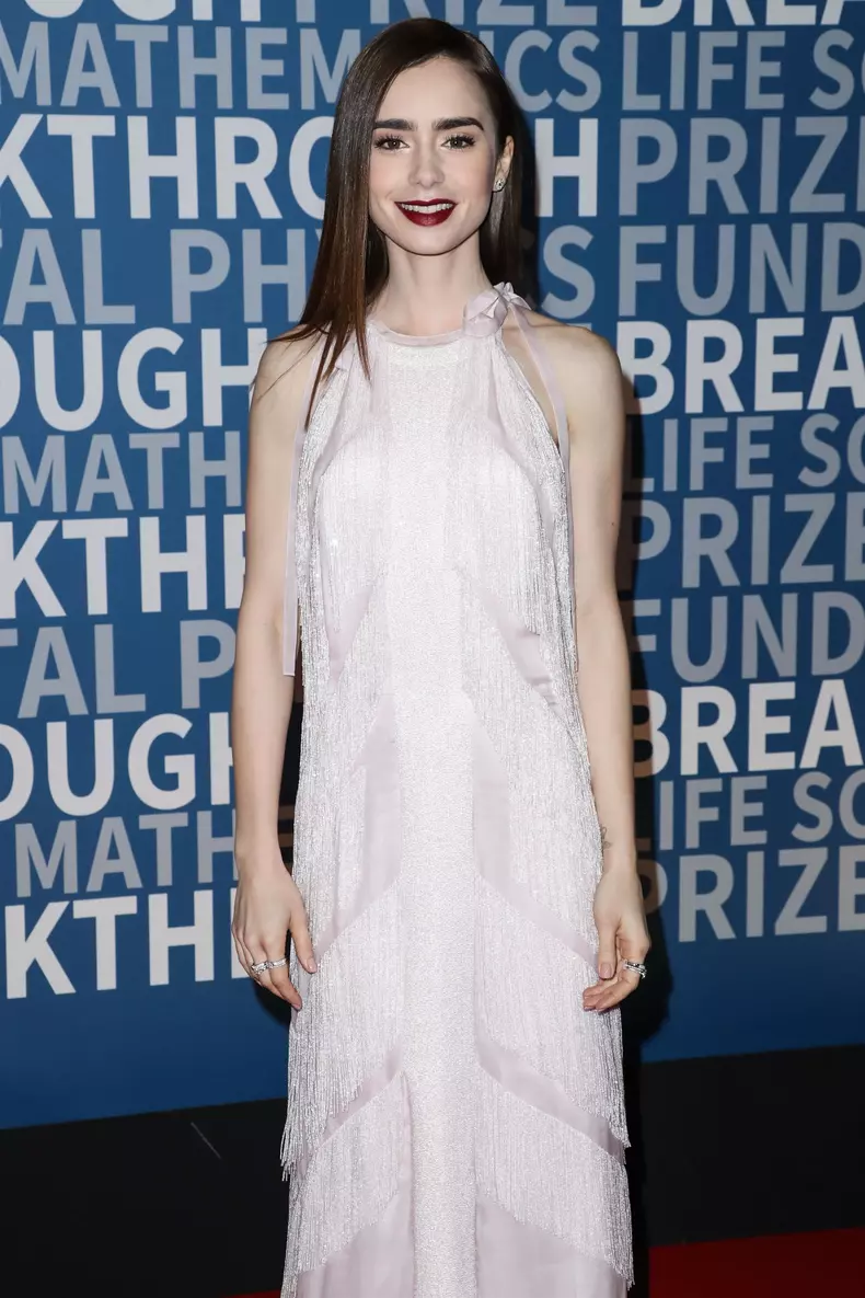 Lily Collins wears a Prada dress at the 2018 Breakthrough Prize Ceremony
