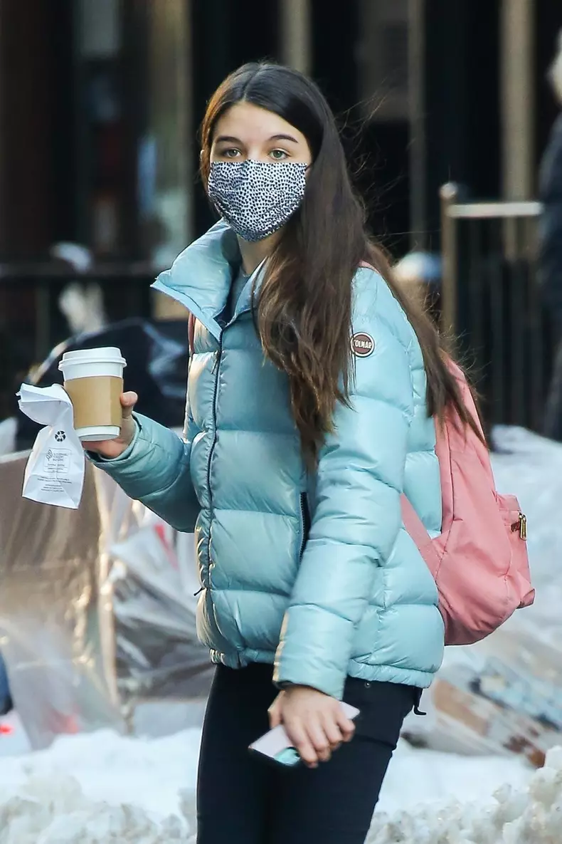 *EXCLUSIVE* Suri Cruise looks stylish in a light blue Colmar jacket and a pink bag pack grabbing coffee in NYC