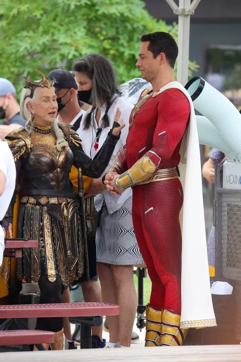 *EXCLUSIVE*  Helen Mirren is seen for the first time as villain Hespera alongside Zachary Levi as they film "Shazam: Fury of the Gods"