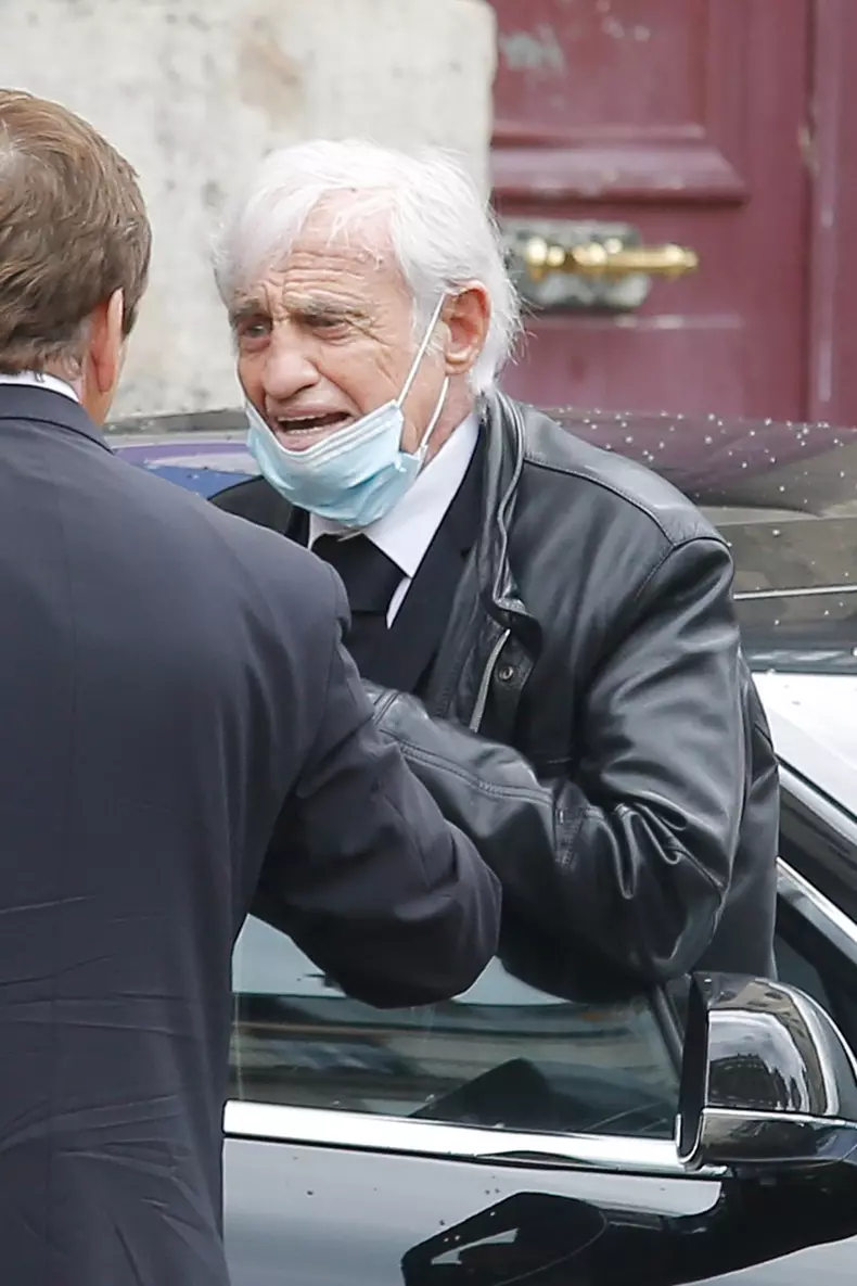 Jean Paul Belmondo arriving at Guy Bedos funeral in Saint Germain des pres in Paris