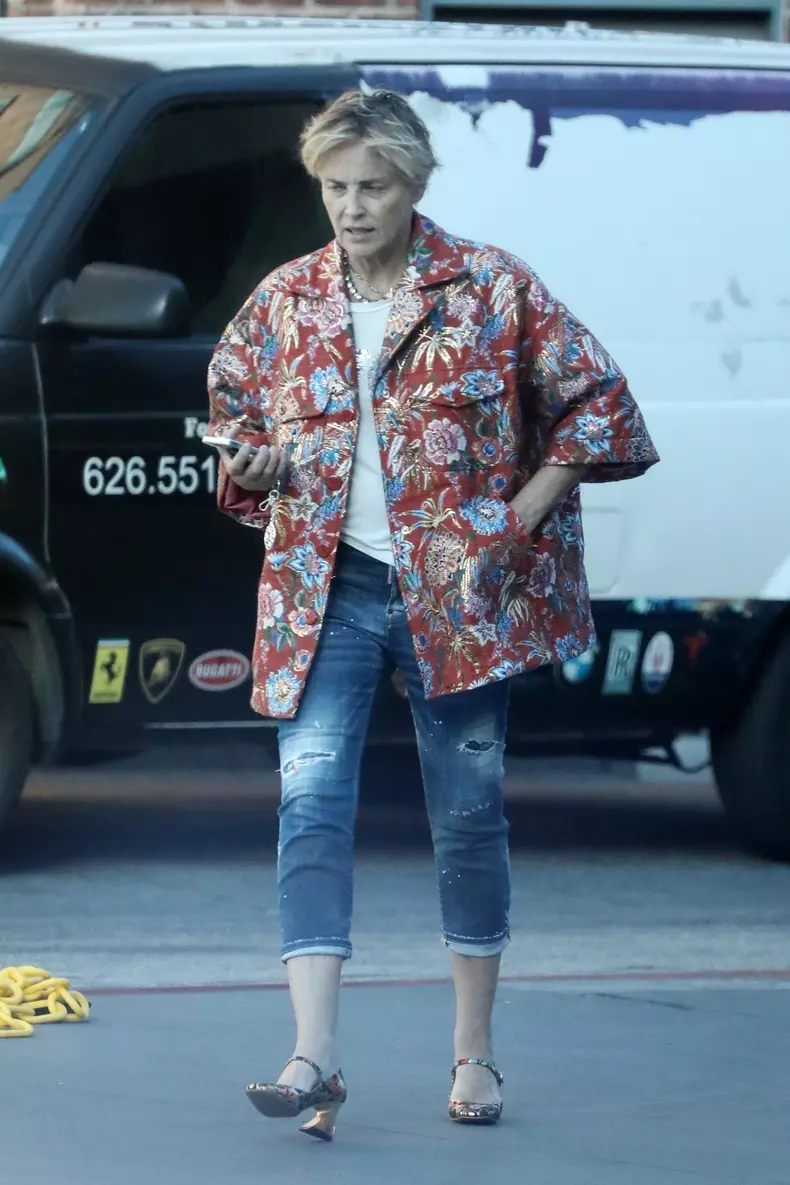 *EXCLUSIVE* Sharon Stone wears a colorful outfit while out and about in the 90210