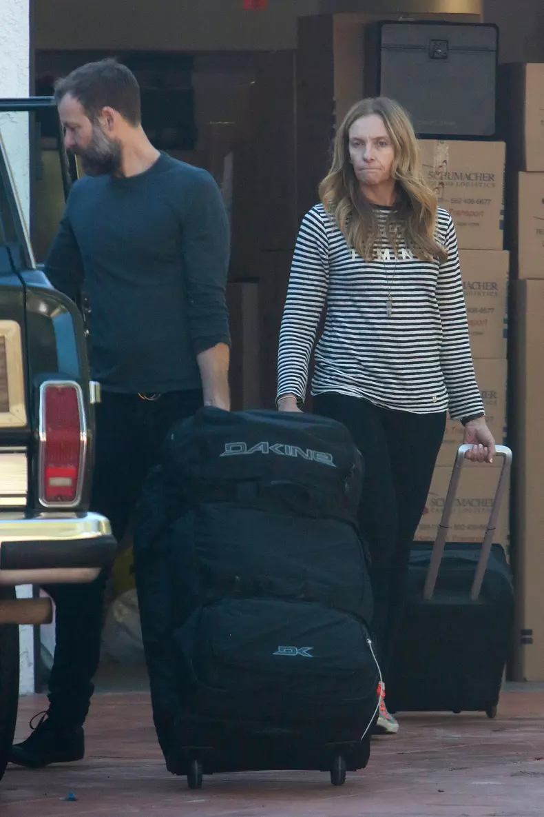 EXCLUSIVE: Toni Collette and her husband Dave Galafassi seen collecting several pieces of luggage and bags from an international shipping company in Los Angeles