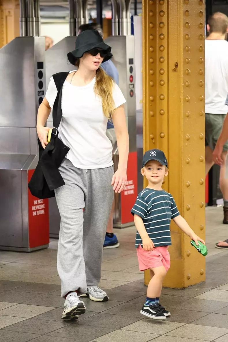 *EXCLUSIVE* All aboard! Jennifer Lawrence takes her son to the subway station in NYC