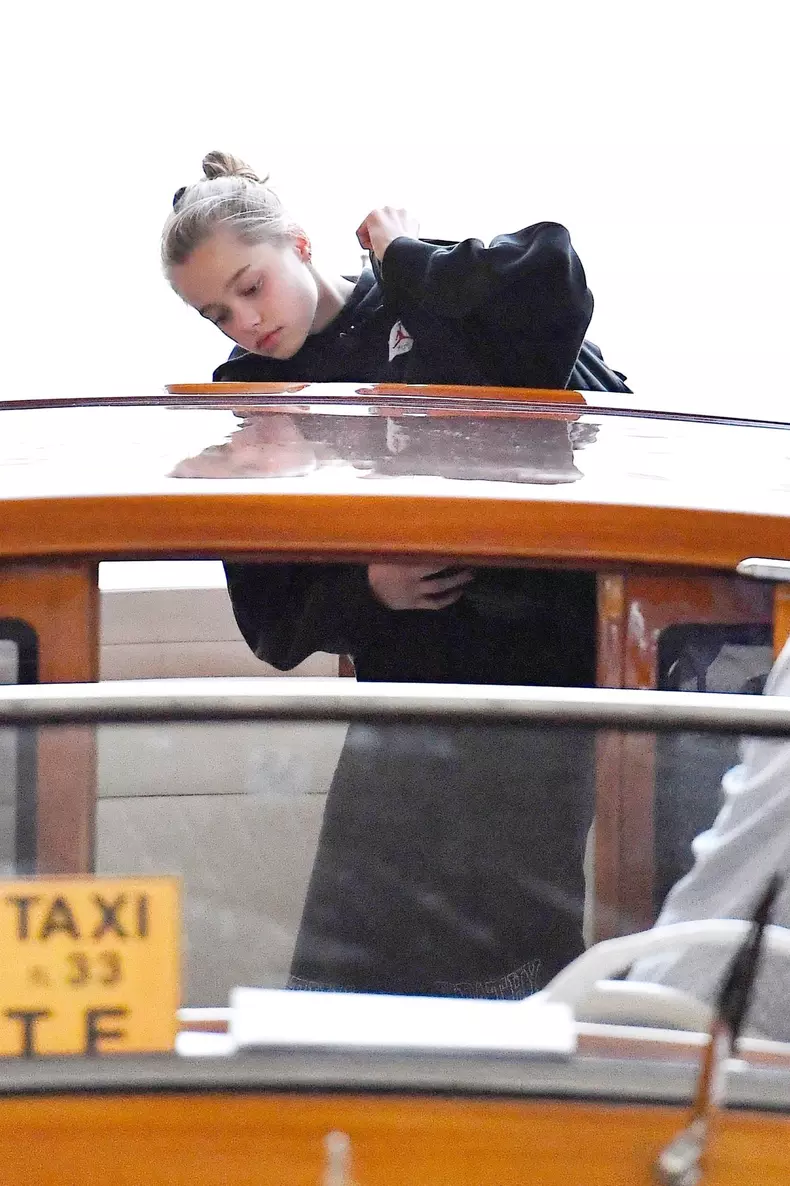 *EXCLUSIVE* The American actress Angelina Jolie in the company of her daughter Shiloh depart from Venice airport.