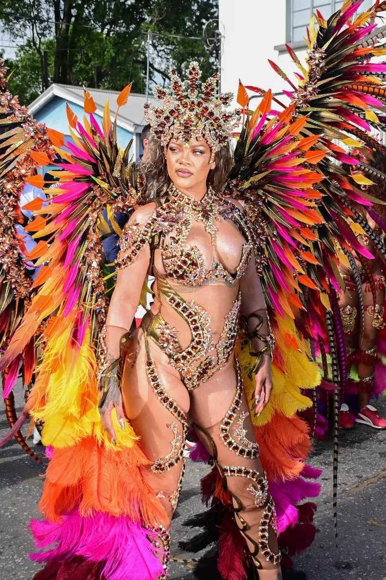 *EXCLUSIVE* Rihanna Dazzles in Bejeweled, Curve-Baring Carnival Costume