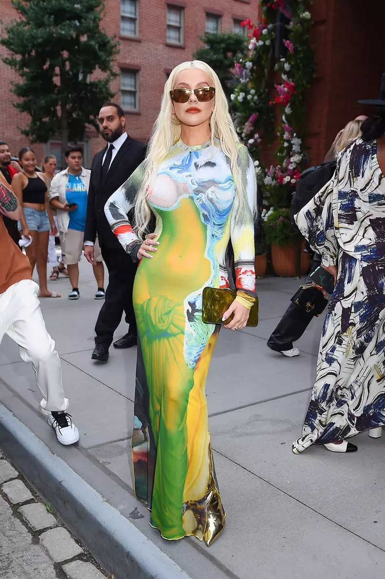 Christina Aguilera turns heads in a colorful Feben dress