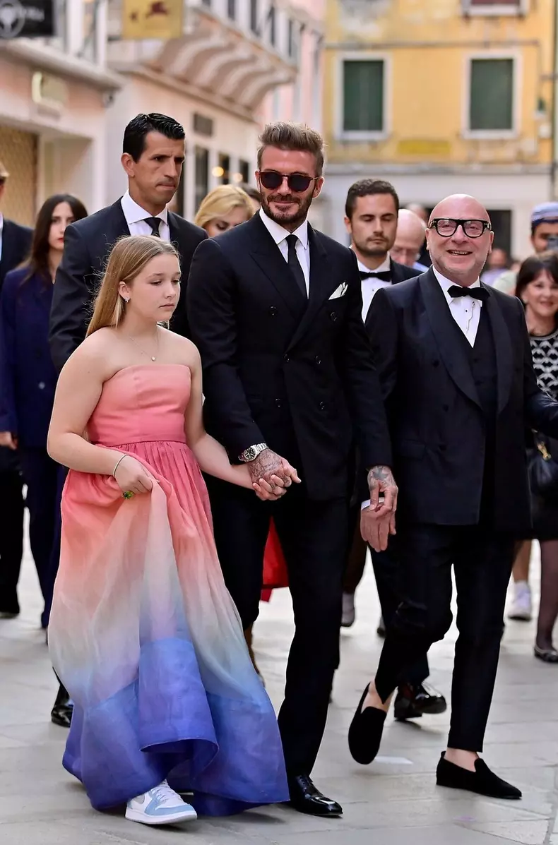 *PREMIUM-EXCLUSIVE* *MUST CALL FOR PRICING* Former England footballer David Beckham looks dapper while pictured with his daughter Harper Seven together with Domenico Dolce going to the Riva event at the Fenice theatre in Venice.