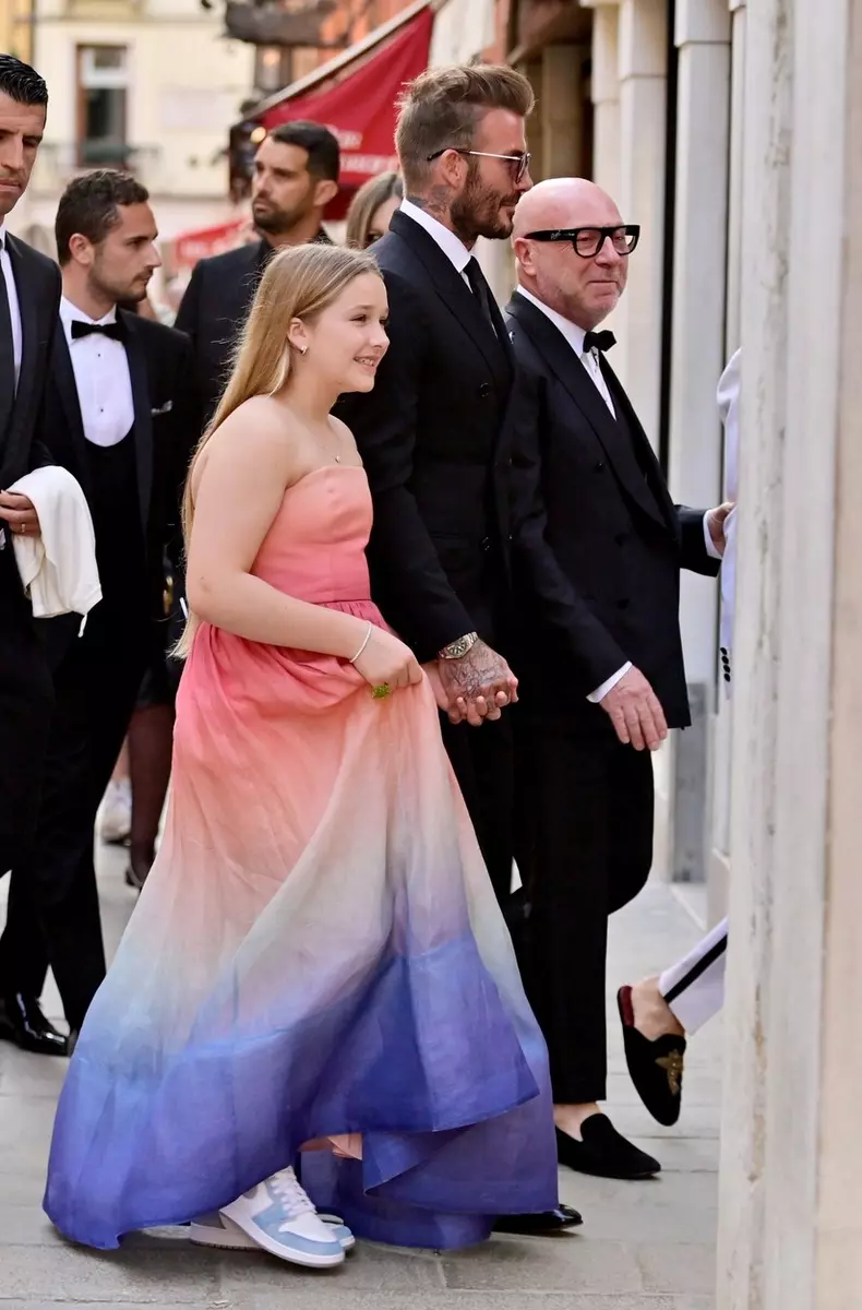 *PREMIUM-EXCLUSIVE* *MUST CALL FOR PRICING* Former England footballer David Beckham looks dapper while pictured with his daughter Harper Seven together with Domenico Dolce going to the Riva event at the Fenice theatre in Venice.