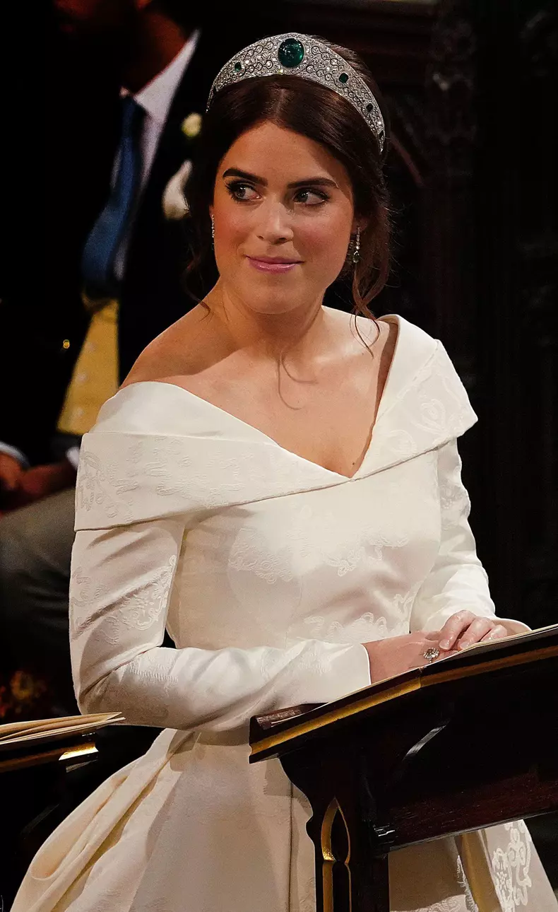 File photo dated 12/10/18 of Princess Eugenie at her wedding to Jack Brooksbank at St George's Chapel in Windsor Castle. Queen Camilla has worn Princess Eugenie's wedding day tiara as she and the King hosted a glittering white tie diplomatic reception at