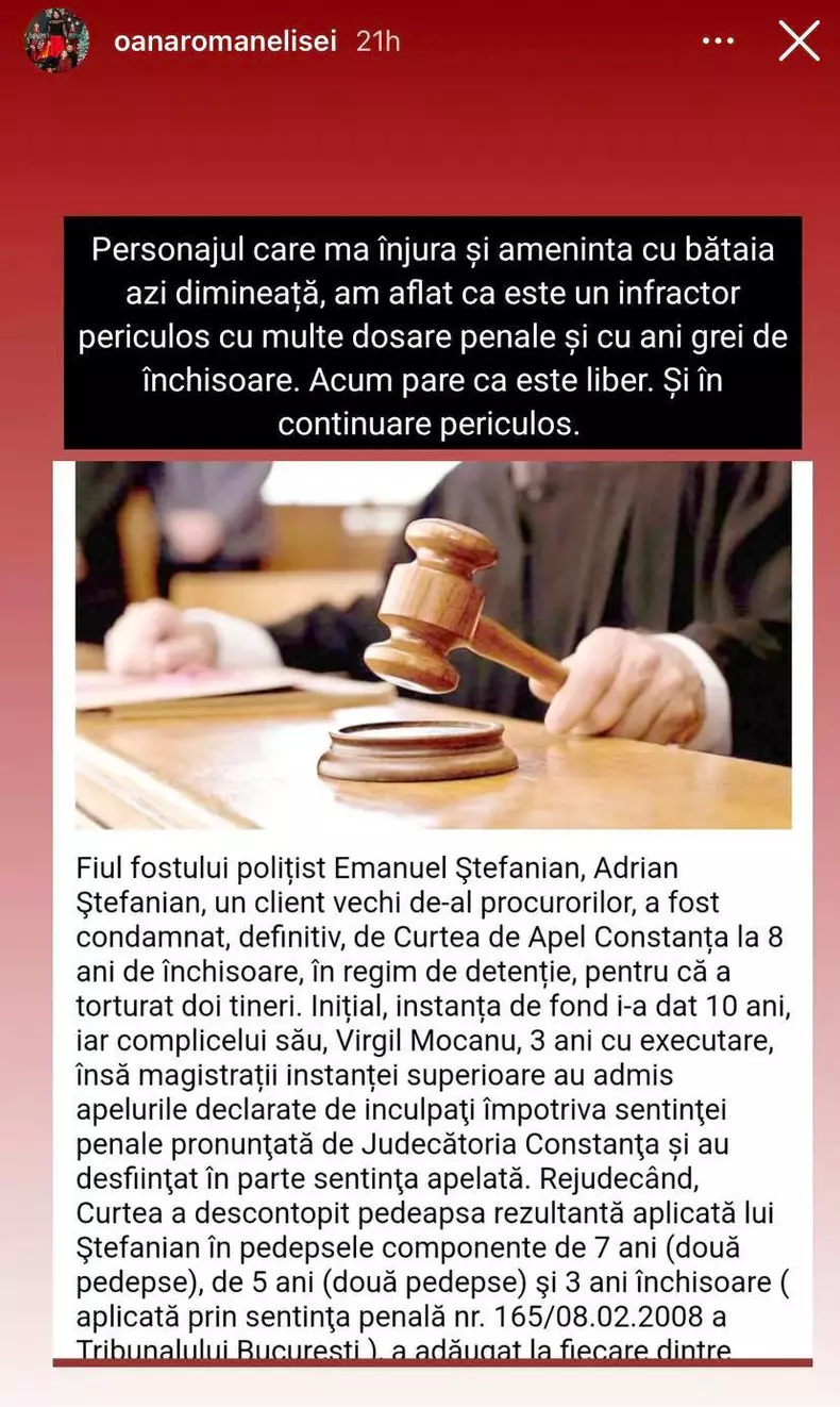 Oana Roman amenintata de un infractor